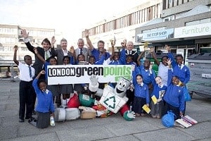 At the launch on Monday are (l-r): Steve Bates from Local Green Points; Graham Simmonds from Local Green Points; Tony Cotter from Gallions Housing Association; Neil Fox, broadcaster and ambassador for London Green Points; Councillor Ray Sams, Mayor of Bexley, with children from St John Fisher Primary School, and the councils recycling mascot Recycling Ricky